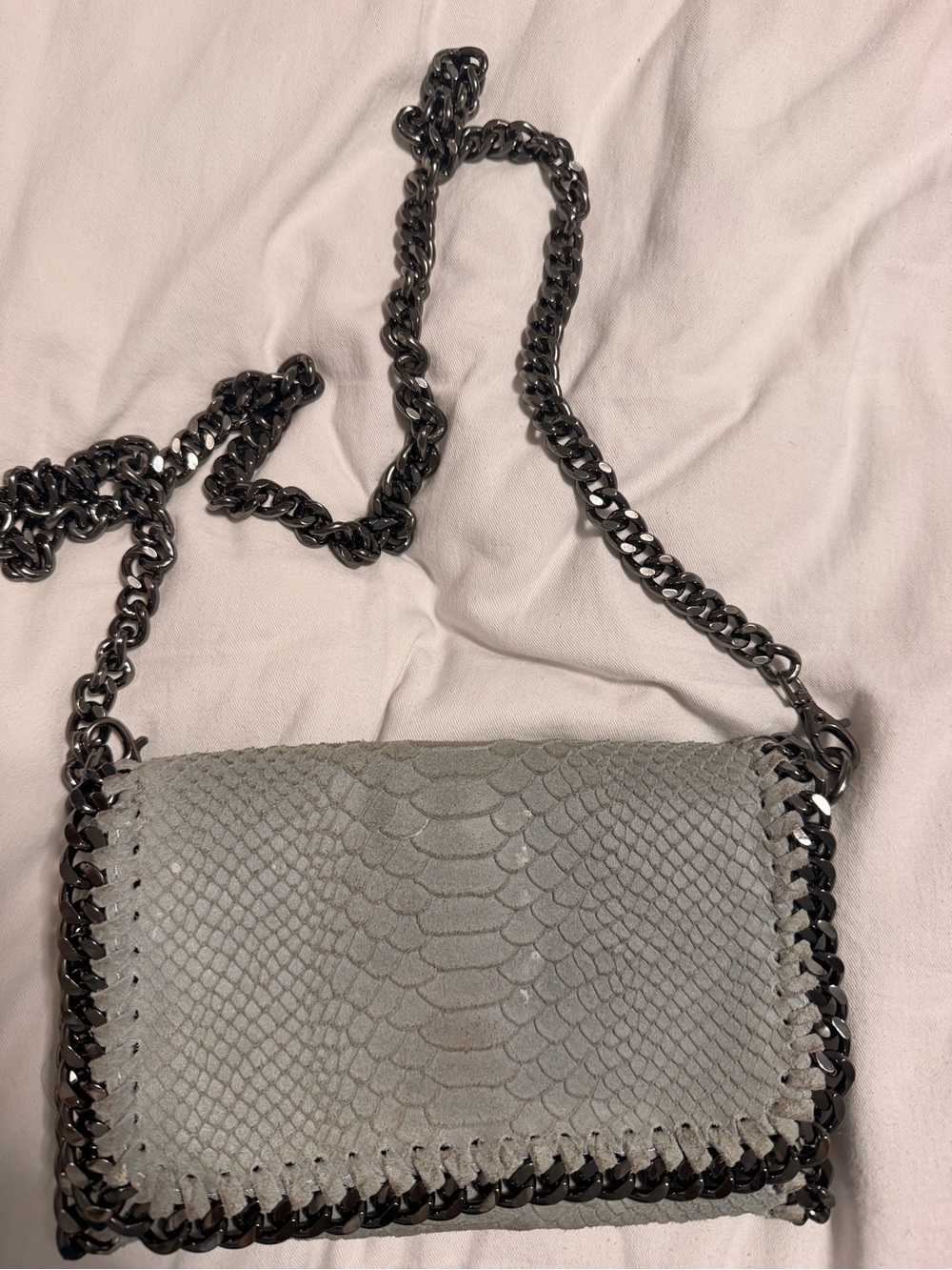 Gray Snake-Embossed Chain Crossbody Bag